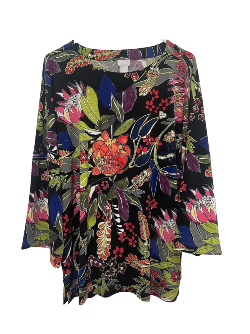 Chico’s Women's Black Floral V-Neck Tunic Top Slinky Gorgeous